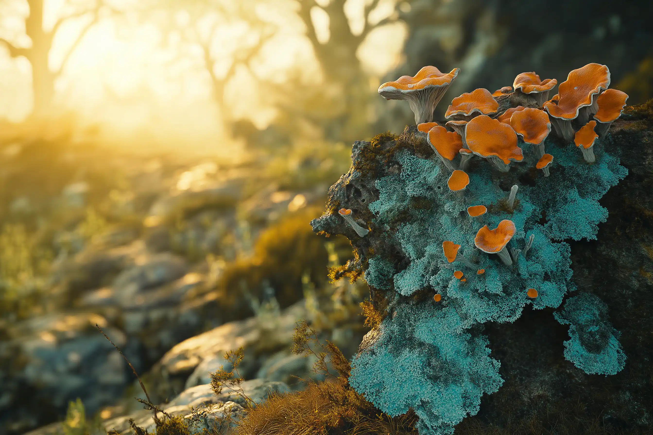 Close-up of orange mushrooms and blue lichen on a rock, with a soft, sunlit forest background.